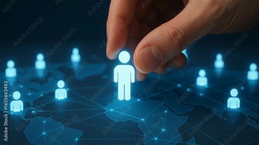 Human icon global network inventory system concept with hand selecting person on digital map representing connection across world