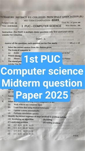 1st PUC computer science midterm question paper #2025 #education #exam #computerscience