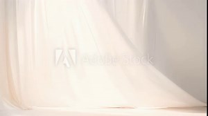 A serene and minimalist background featuring a soft, diffused light shining through translucent white curtains. The subtle shadows lend a touch of depth and elegance to the space, making