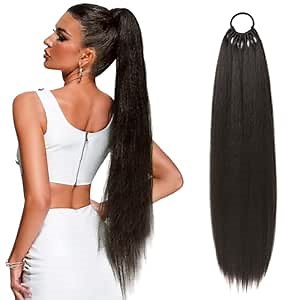 LONAI Ponytail Extensions, Versatile Elastic Band Black Brown Ponytail Extension for Women, 28" Long Straight Soft Natural Synthetic Pony Tails-Black Brown