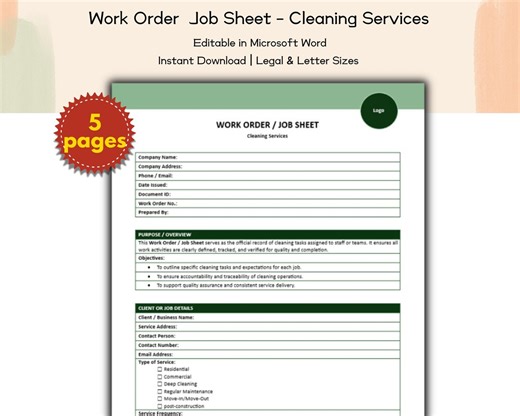 Cleaning Services Work Order / Job Sheet Editable and Printable Template, Business, Personal, Residential and Commercial Housekeeping Agency - Etsy