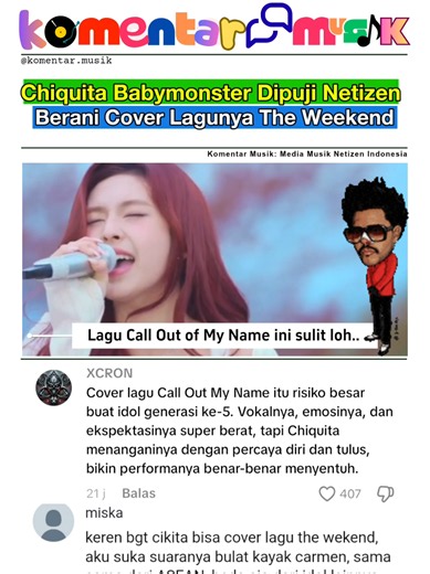 Chiquita BABYMONSTER Dipuji Netizen Berani Cover Lagu The Weeknd yang Sulit, Penampilan di 'Begin Again Open Mic' Bikin Terpesona KOMENTAR MUSIK – Nama Chiquita dari grup idola BABYMONSTER sedang menjadi sorotan hangat di kalangan penggemar musik dan netizen, terutama setelah penampilannya membawakan lagu Call Out My Name milik penyanyi terkenal The Weeknd dalam program Begin Again Open Mic. Aksi berani dan kualitas vokalnya yang memukau langsung menuai pujian melimpah, bahkan disebut-sebut memi