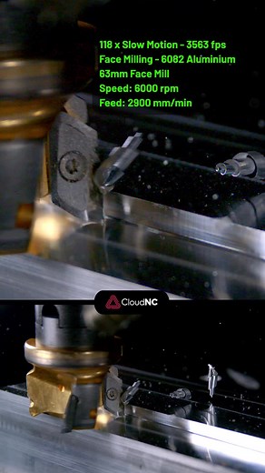 Slow Motion CNC - Face Milling 6082 Aluminium! More of our new slo-mo experiments - this time a 63mm face mill. More to come soon when we figure out how not to break the camera... #slowmotionart #innovation #cnc #cncmachine #cncmachining #cncmachinist #machinist #machining #cncshop #cncmilling #machineshop #cncmachines #cncmanufacturing #AcceleratedbyAI | CloudNC