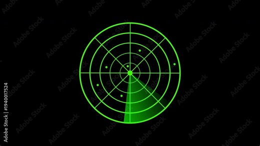 Green radar screen with spinning sweep and target indicator on transparent background. 4K Video Loop