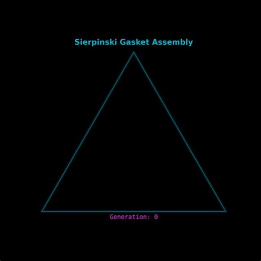 Python and Science on Instagram: "The Sierpinski Gasket is a classic fractal that originates from a single equilateral triangle through recursive subdivision. At each generation, a triangle is replaced by three smaller copies of itself, each half the size of the previous iteration. This process creates a self-similar pattern where smaller parts perfectly mirror the complexity of the entire structure. As the generations increase, the surface area effectively vanishes while the perimeter grows tow