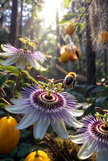 🌿✨ Wild Witch Apothecary: Spotlight on Passionflower (Passiflora incarnata) ✨🌿 Deep in the vine-tangled edges of East Texas woods and clearings near Mineola, the Passionflower unfurls her exotic, crown-like blooms—like intricate mandalas woven by the moon herself. These lavender-white flowers with their fringed corona appear in summer, drawing bees and butterflies, then giving way to edible yellow maypops (the fruit) that taste like a tropical dream. This native vine has long been a soothing a
