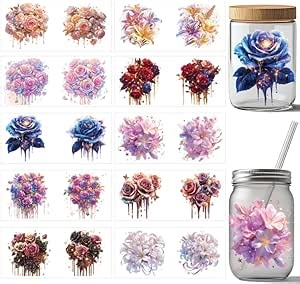 arricraft 10 Pcs Rose Flower UV DTF Cup Wrap Transfer Sticker, 10 Styles Dreamy Lily Plant Transfer Paper Rub on Stickers PVC Cup Wrap Waterproof Rub Decals for Cup Glass 24x11cm/9.4x11inch