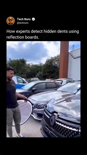 Tech Nuro on Instagram: "Professionals use reflection boards with parallel lines to spot even the tiniest dents invisible to the human eye. When the lines bend, it reveals hidden distortions on the car’s surface—helping experts detect and fix imperfections to ensure a flawless finish before the car hits the road. Media: @Lackiererei__celik @ertuuuu_c.k All rights reserved to the original creator. For credit or removal requests, please contact me via direct message."