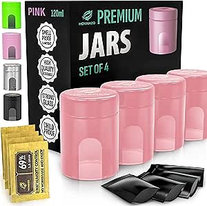 Premium Airtight Glass Storage Jars 120ml with 69% Humidity Control 4 Packs - UV Air Tight Jars with Child-Resistant Lid - Airtight Jar Container, Air Tight Storage,Storage Jars for Herb/Spice
