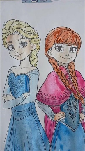 Elsa & Anna Coloring with Watercolor 👑❄️ Frozen Art #shorts