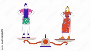 Woman and man balancing on scales line 2D characters animation. Gender equality comparison flat color cartoon 4K video, alpha channel. Equilibrium standing adults animated people on white background