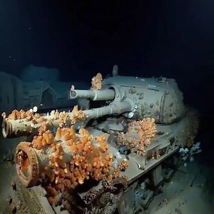 Imagine diving thousands of meters below the ocean surface… and your lights suddenly reveal a World War II battle tank, standing silently on the seafloor, covered in rust, coral and deep‑sea life. 🐟⚓ This ultra‑realistic deep‑ocean scene follows a single exploration sub as it glides around the tank, revealing bullet impacts, torn armor and marine creatures swimming through what used to be a machine of war. History, mystery and nature all meet in one terrifyingly beautiful shot from the abyss. W