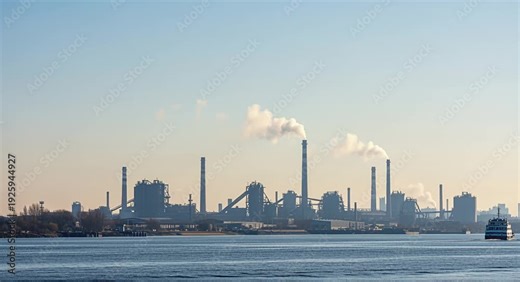 Industrial complex with smoking chimneys on the riverbank under a clear sky industrial landscape, factory.