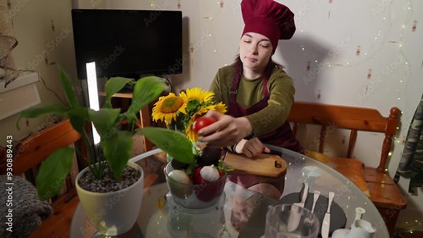 Woman in apron and chef hat is sitting at the table in cozy kitchen and taking ripe tomato from the bowl. Lady is going to cut juicy vegetable by metal knife filmed in slow motion. Concept of cooking.