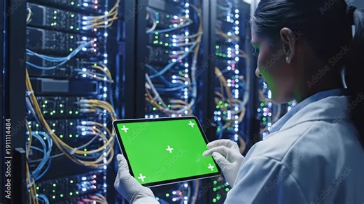 woman in lab coat using green screen tablet.