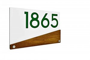 Modern House Numbers - Solid Wood Africa Teak, White Acrylic and Green Numbers - Contemporary Home Address Sign, Plaque, Door Number