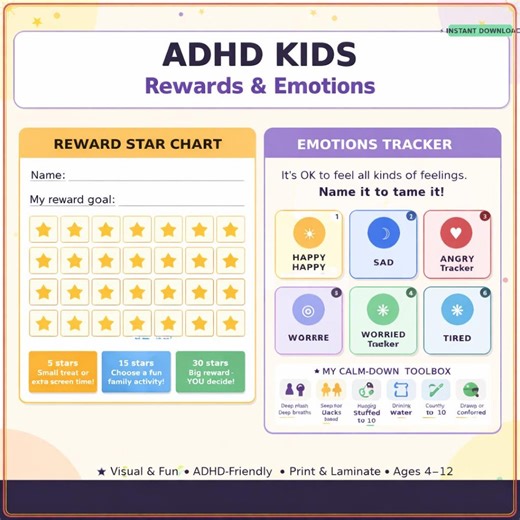 ADHD Kids Daily Routine Toolkit | Printable Visual Schedule for Children | Morning Bedtime Emotions Reward Chart PDF