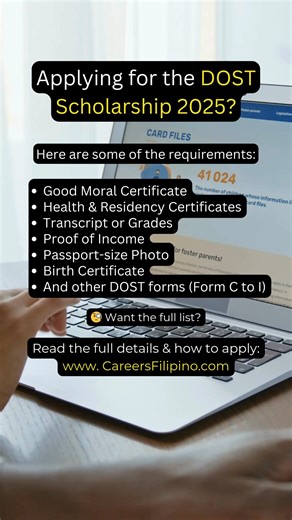 📢DOST Scholarship 2025! Want to know all the requirements? From certificates to grades, we’ve got you covered! 📋 Make sure you have everything ready before you apply! 🔗 For the full list of requirements and how to apply, visit careersfilipino.com #DOSTScholarship #careersfilipino #careers #fypシ゚viralシfypシ゚viralシalシ #reelsviralシfb | Careers Filipino