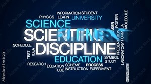 Scientific discipline animated word cloud, text design animation.