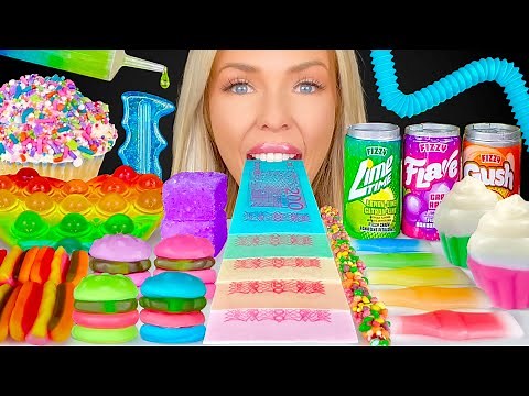 ASMR RAINBOW FOODS, SODA CANDY, SPRINKLE CUPCAKE, JELLO POP IT, WAFER PAPER EDIBLE MONEY MUKBANG 먹방