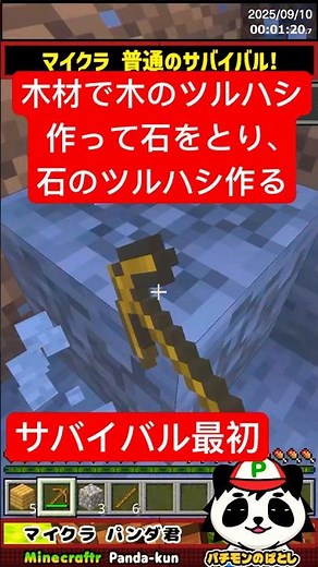 【サバイバル攻略】 木のツルハシで石を取り、石のツルハシ作る #パンダ君のサバイバル 【マイクラ統合版/ノーマル・初心者向け】