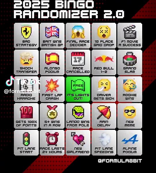 Ever wanted a completely random F1 bingo experience? This is v2.0 of my bingo card randomizer with 130 unique squares, resulting in over 543 quindecillion unique combinations! No two will ever be the same. Who’s ready to play? Simply tap to pause and screenshot your bingo card! #formula1 #f1 #f12024 #f12025 #maxverstappen #sergioperez #charlesleclerc #lewishamilton #landonorris #oscarpiastri #kimiantonelli #georgerussell #fernandoalonso #lancestroll #liamlawson #yukitsunoda #gabrielbortoleto #ni