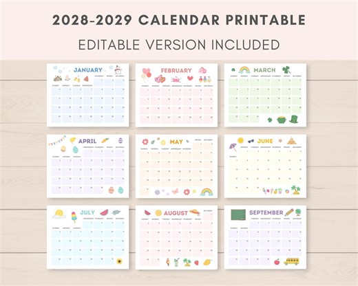 2028-2029 Calendar Printable, Printable Calendar, Editable Calendar, 2028 Calendar, 2029 Calendar, 2028 2029 Planner, Monthly Calendar - Etsy