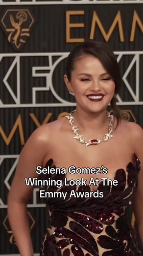 Selena Gomez Sheer Red Sequined Gown by Oscar De La Renta at Emmy Awards
