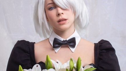 Enji Night, model, women, women indoors, cosplay, white hair, 2B (Nier: Automata), video game girls, hair over one eye, bunny ears, Nier, flowers | 2500x3577 Wallpaper - wallhaven.cc
