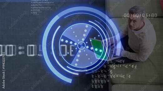 Man opening laptop and typing on couch, HUD rotating with timer advancing while debugging code