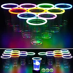 All Mixed Up Glow in The Dark Beer Pong Game Set for Indoor Outdoor Nighttime Competitive Fun, 24 Multi-Color Glowing Cups, 4 Glowing Balls, 1 Ball Charging Unit Makes Every Shot Glow