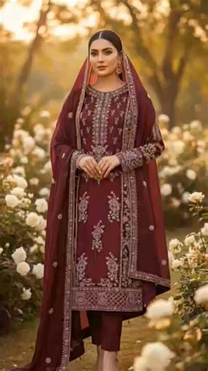 ​Haya Fashion House on Instagram: "Elegant Maroon Embroidered Suit This is a stunning maroon traditional suit featuring intricate gold and silver embroidery across the kurta. The long sleeves, detailed border, and matching trousers and dupatta create a look of timeless elegance. The dupatta is gracefully draped over the head, complementing the outfit's modest and festive feel. The setting of white roses and golden light enhances its regal beauty. #PakistaniFashion #IndianWear #MaroonDress #Embro