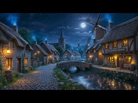 Peaceful Village Medieval Ambience | Relaxing Night Village Sounds & Blacksmith, Gentle River, Owls