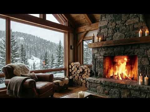 4 Hour Cozy Cabin Fireplace ❄️ Crackling Fire & Falling Snow | Winter Ambience for Relaxing & Sleep