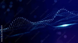 loopable abstract particle background with depth of field, glow sparkles of lights and digital elements. Wave blue particles form lines and lines form curve surface like sea waves . V1
