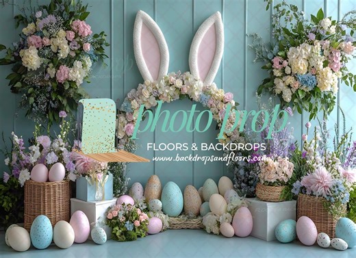 Large Easter Bunny Ears Photography Backdrop, Rabbit Head, Pastel Easter Eggs and Flowers, Spring Cake Smash - Etsy