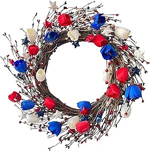 4th of July Wreath, 20 Inch Patriotic Wreaths for Front Door, Red White Blue Tulip Flower Wreaths with Berries Stars for Memorial Day Independence Day Wreath for Front Door Wall Window Decor