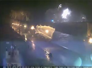 Straight-line winds of over 100mph strike just as ship comes into the Duluth entry Thurs, July 21, 2016 - 3:30am. The moment the Algoma Guardian starts into the canal, the straight-line winds explode. Watch the video, then read the DNT story at http://bit.ly/103mphgustsAlgoma Notice at the start of this video, the flag in the bottom left is barely moving. Within a minute it starts to rip wildly. By the time the ship passes under the Aerial Lift Bridge, the Algoma Guardian's wind gauge measured t
