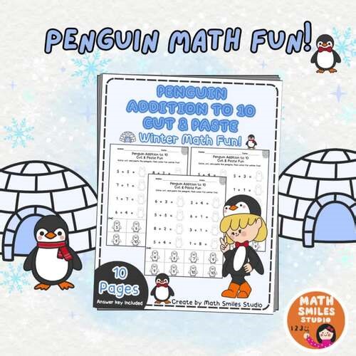 Penguin Addition to 10 Cut & Paste | Winter Math Activities | K - 1st Grade