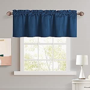 JIUZHEN Navy Valances for Windows, Kitchen Valance Curtains - Velvet Valance for Living Room, Rod Pocket Short Tiers, Window Treatments for Bedroom, 42" x 18", 1 Panel