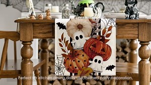 Artoid Mode Jack-O'-Lantern Pumpkin Ghost 210 GSM Halloween Table Runner, Spooky Kitchen Dining Table Decoration for Home Party Decor 13x120 Inch