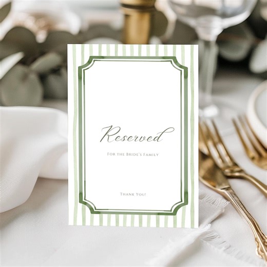 Reserved Table Sign Template, Vintage Green Stripe Wedding Seating, Family Table Reception Decor, Sage Watercolor Canva 8x10 A4 W4651 - Etsy