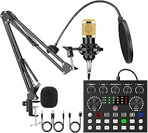 SIBORIE Podcast Equipment Bundle with Audio Interface,V8S Voice Changer, Condenser Karaoke Microphone, Mic Stand and Mic Pop Filter,Podcast Starter Kit DJ Audio Mixer for Podcast and Live