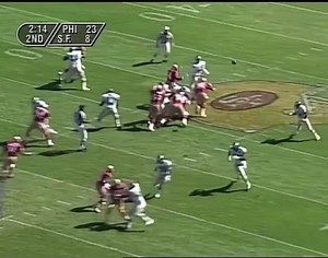 The 1994 49ers went on to win the Super Bowl but they never took a beating like this. Before San Francisco even recorded a first down, the Eagles were already up 23–0. Charlie Garner ripped them apart with two touchdowns, while Randall Cunningham was surgical, throwing for 246 yards and two more scores. The defense turned the game into a humiliation. Steve Young was picked off twice in the first half and eventually benched midway through the third quarter. One of the most dominant performances e