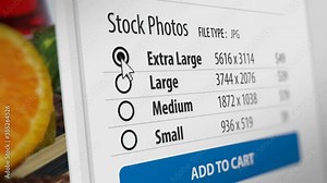 Mouse Cursor Choosing Size of Photo in Stock Photo Site. All data on the Footage are Fictional. Created Especially for This Concept