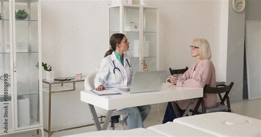 Doctor explains medical information and test results to middle age patient, discuss symptom, treatment plan, or next diagnostic steps, giving professional health recommendations during visit in clinic