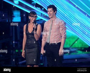 Rashida Jones, left, and Andy Samberg speak onstage at the MTV Video Music Awards on Thursday, Sept. 6, 2012, in Los Angeles. (Photo by Matt Sayles/Invision/AP Stock Photo - Alamy