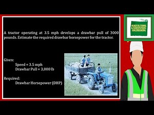 A tractor operating at 3.5 mph develops a drawbar pull of 3000 pounds. Estimate the required drawbar