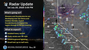 4.1K views · 33 reactions | Showers and thunderstorms are developing over the Sierra and western Nevada. Expect thunderstorms to impact the region through 8 PM. The stronger storms will be capable of producing heavy rainfall, winds in excess of 40 mph, cloud-to-ground lightning, and small hail. #CAwx #NVwx | US National Weather Service Reno Nevada | Facebook