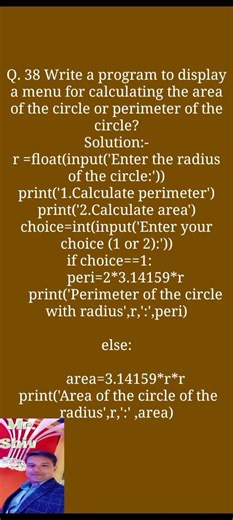 Write a program in Python to display a menu for calculating the area of circle and perimeter?
